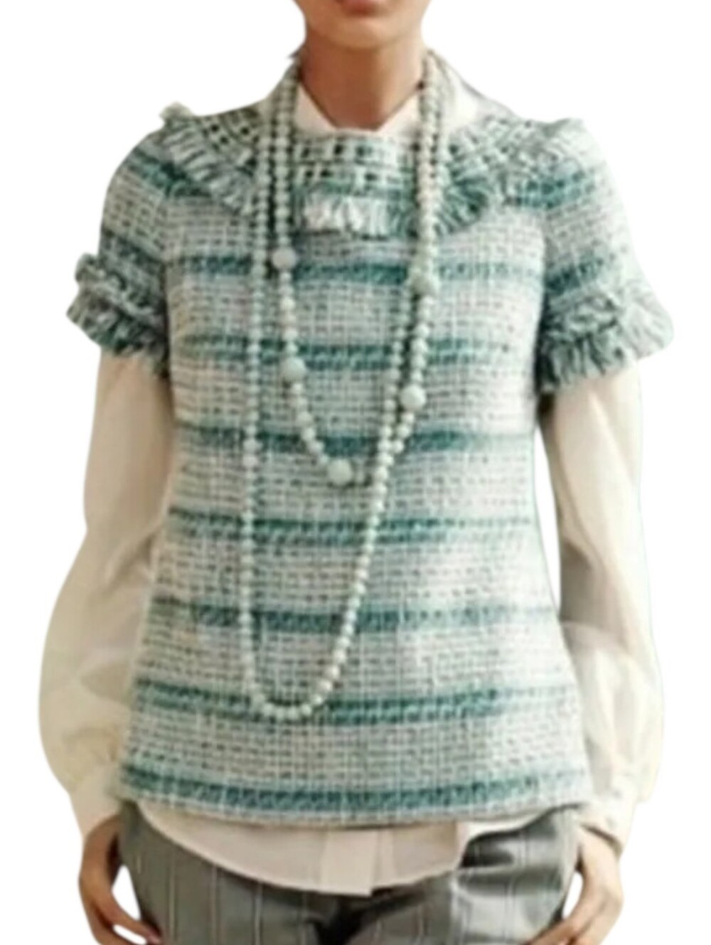 Tory Burch Joan Ribbon Tweed Blouse Size 2 Beaded Collar Striped Teal Fringe